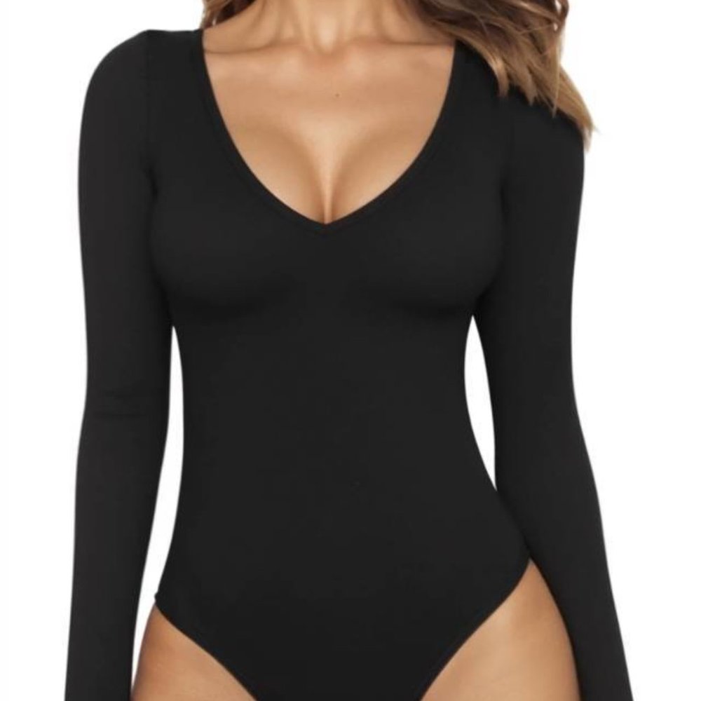 Black Bodysuit Long Sleeve V Neck Body Suit for Women Tops Medium